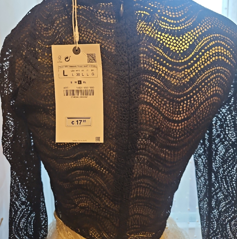 Zara Black Sheer Crochet Wave Knit Long Sleeve Top - Picture 4 of 5